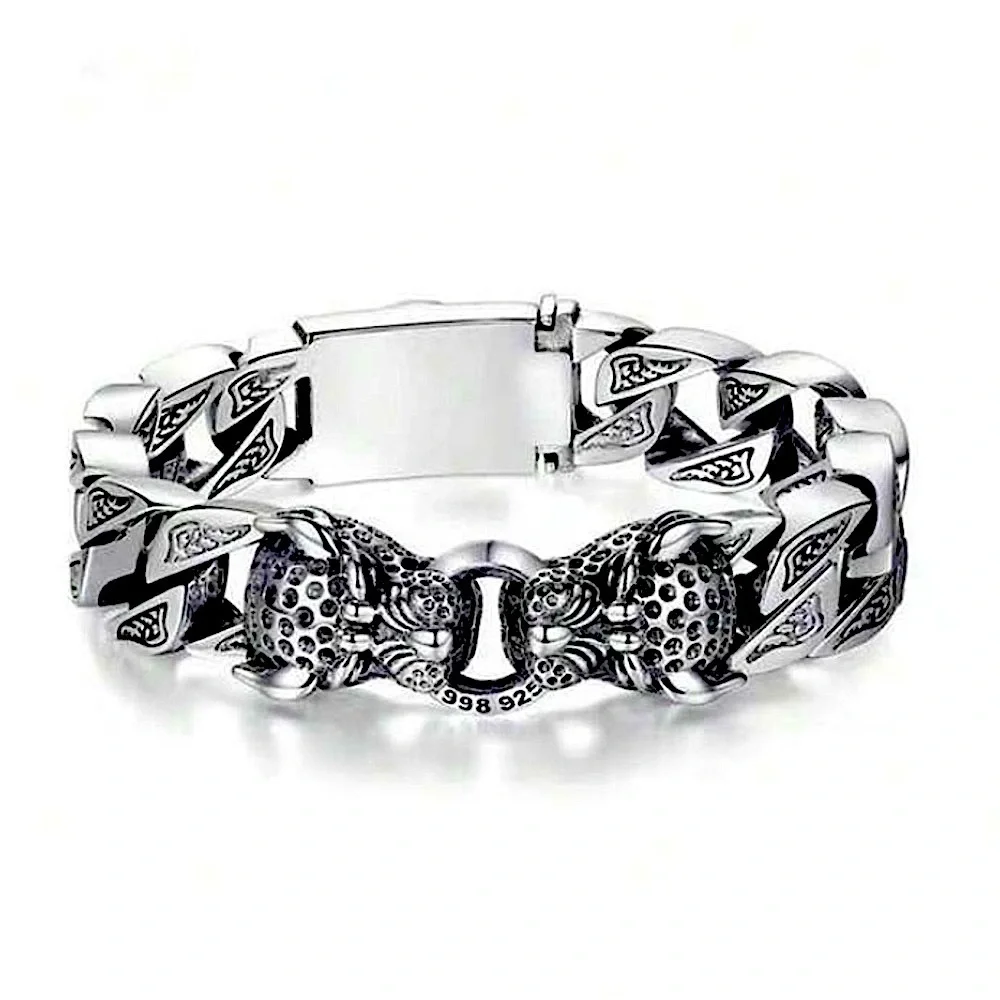 Stainless Steel Leopard Viking Bracelet, Double Headed, Norse, Horsetail, Chain